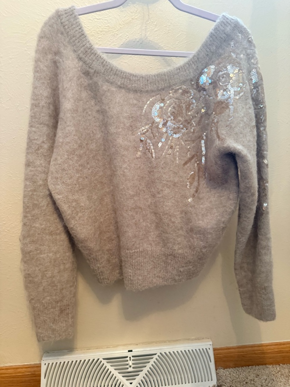 White House Black Market Soft tan Off-the-Shoulder Sequin Sweater